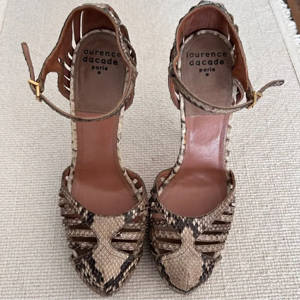 LAURENCE DECADE Paris Snakeskin Leather Platform Ankle Strap Heels Size 37